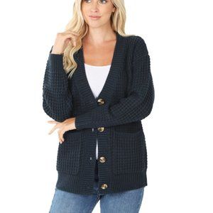 Midnight Navy Blue Waffle Knit Button Cardigan
